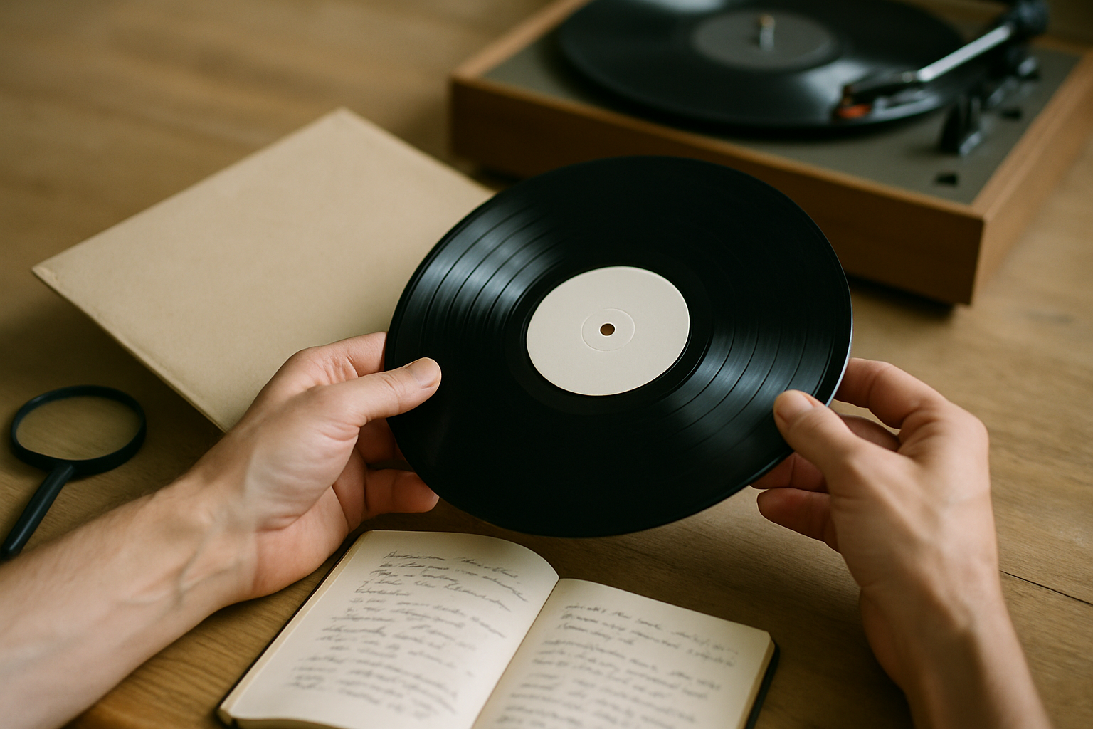Manos examinando un vinilo sobre una mesa con una lupa y una libreta para anotar detalles