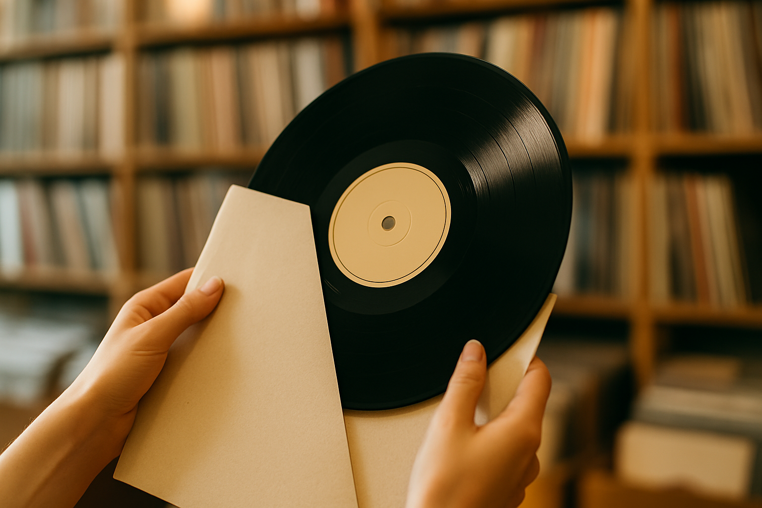 Manos sosteniendo un vinilo con etiqueta borrosa y etiqueta de precio desenfocada en tienda