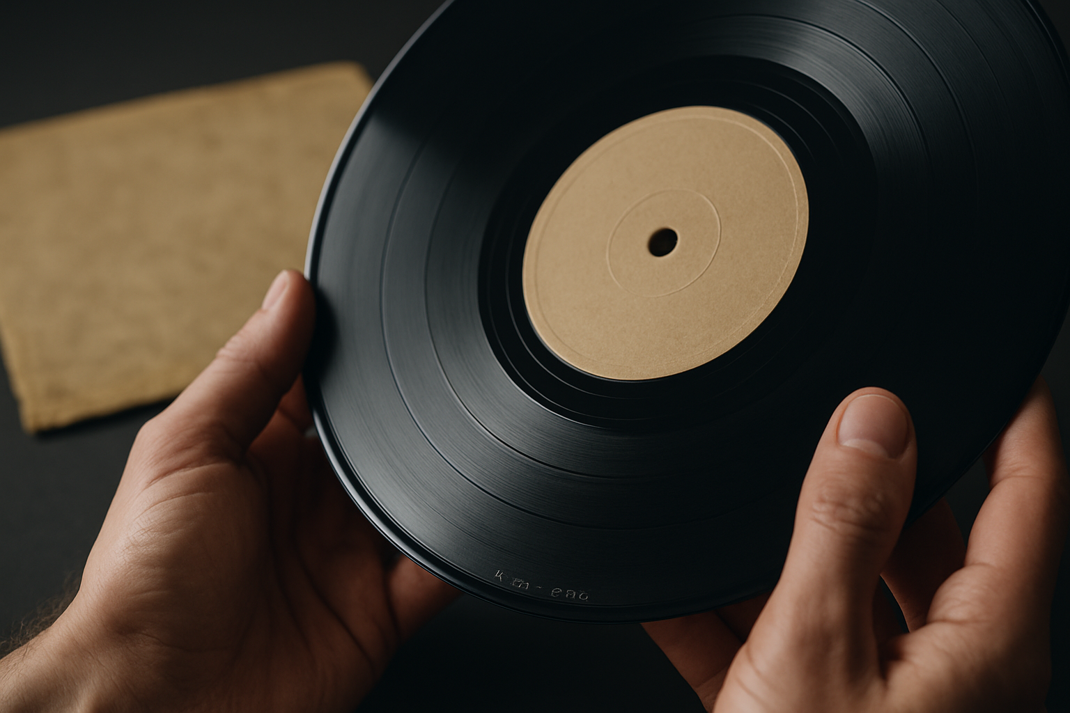 Manos sosteniendo un vinilo con primer plano en el runout y una funda antigua en segundo plano