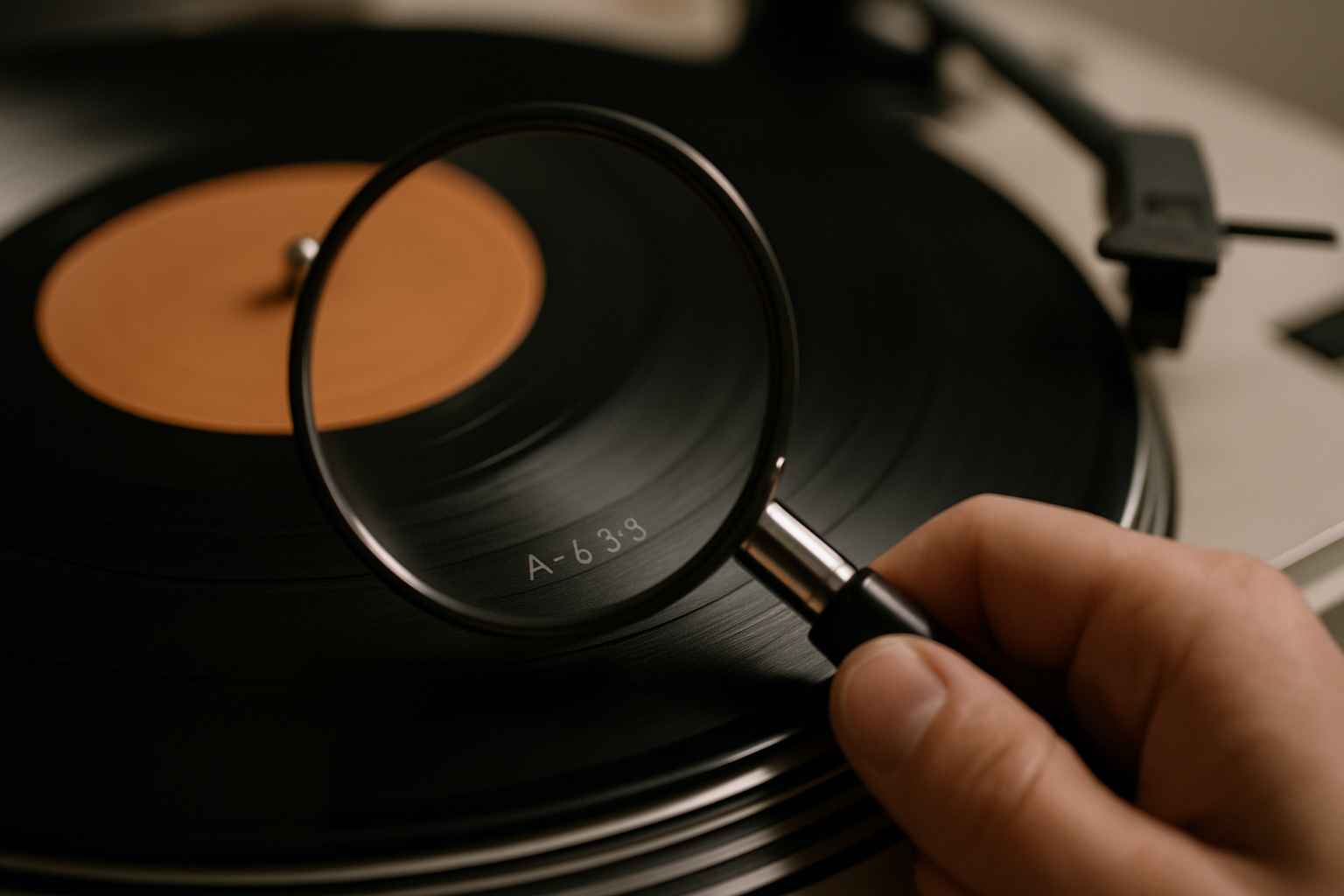Primer plano editorial de la zona de runout de un disco de vinilo, con una mano sosteniendo una lupa sobre las inscripciones en el dead wax