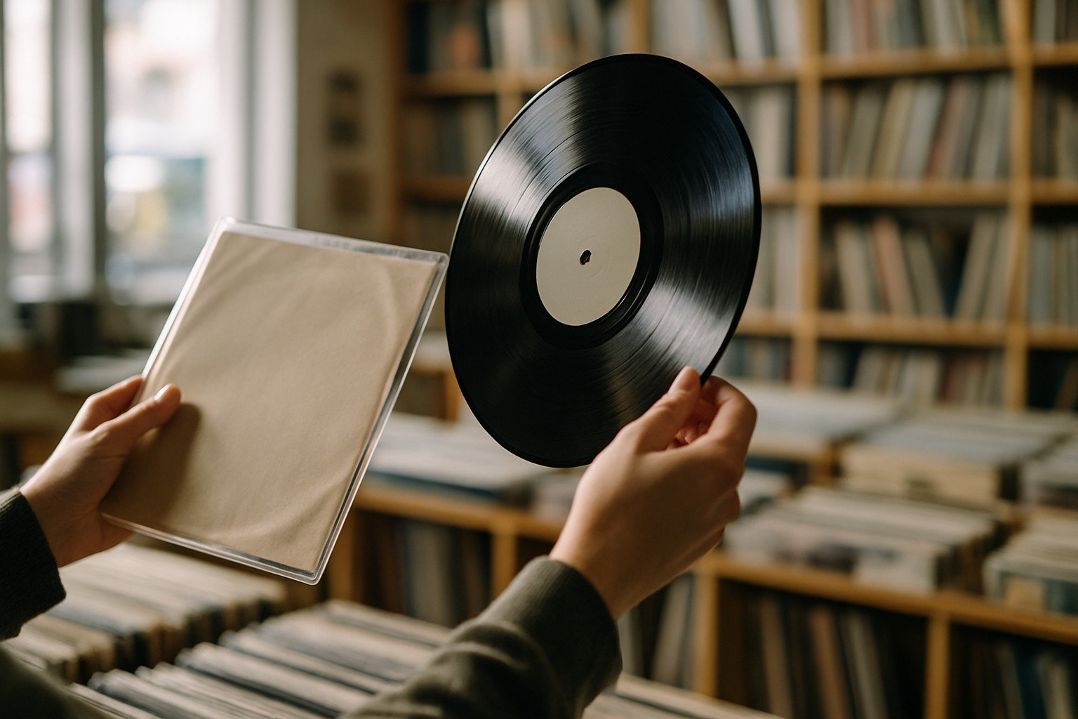 Persona inspeccionando un disco de vinilo en una tienda, mostrando la etiqueta y la funda en primer plano