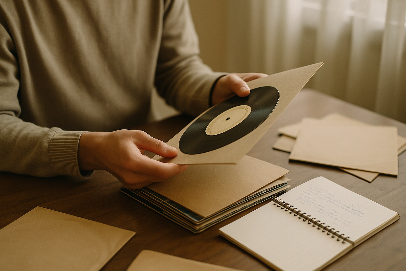 Manos examinando vinilos y fundas sobre una mesa, mostrando etiquetas y texto legible en un entorno luminoso