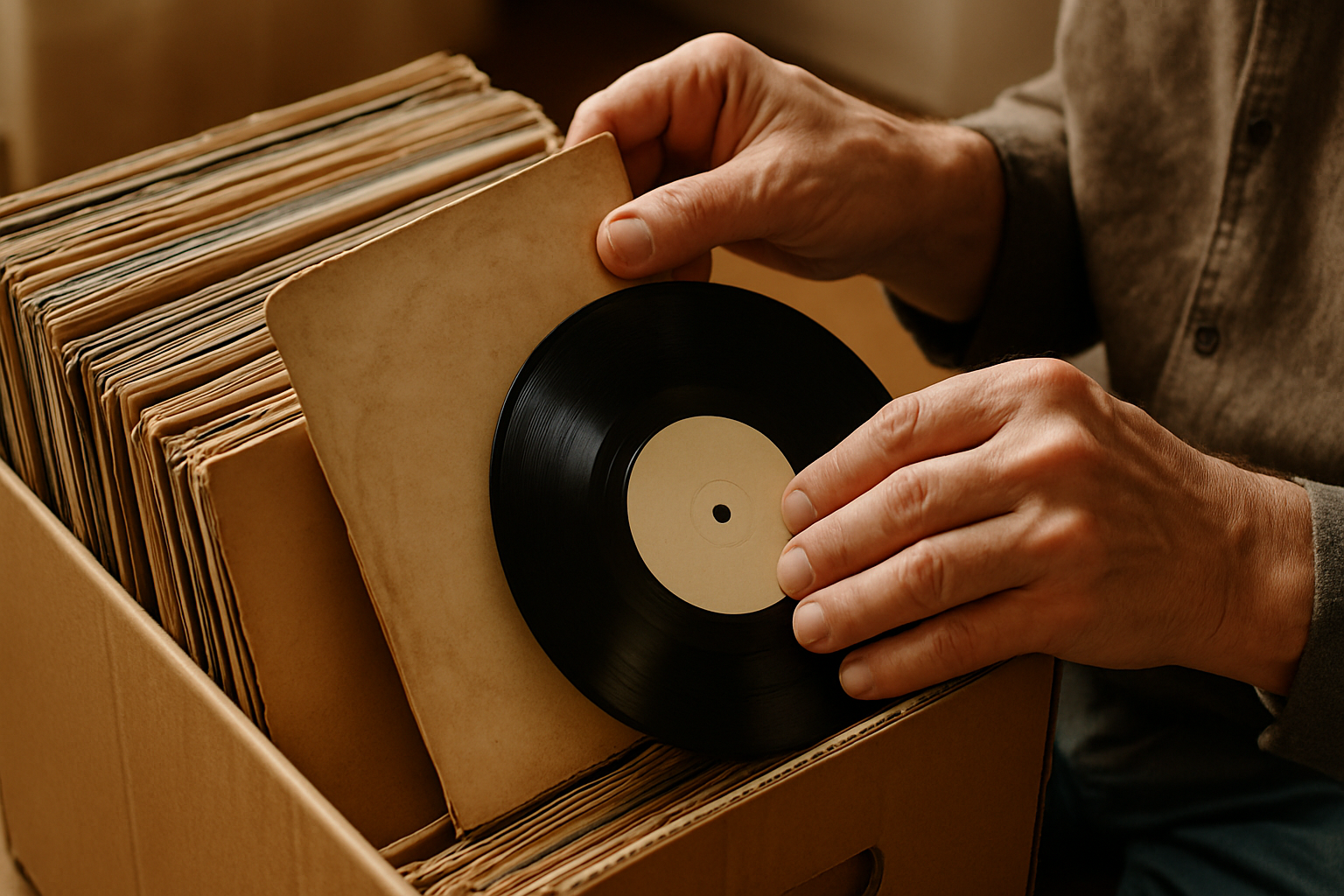 Manos examinando discos de vinilo antiguos en un cajón, con varias fundas y etiquetas visibles pero no reconocibles