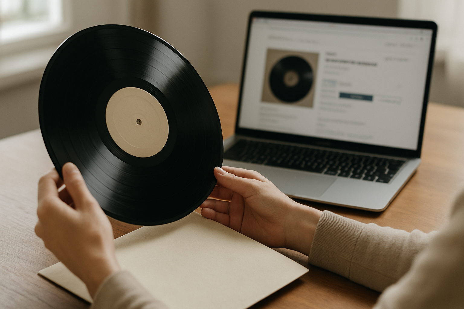 Persona examinando un disco de vinilo sobre una mesa con portátil y libreta