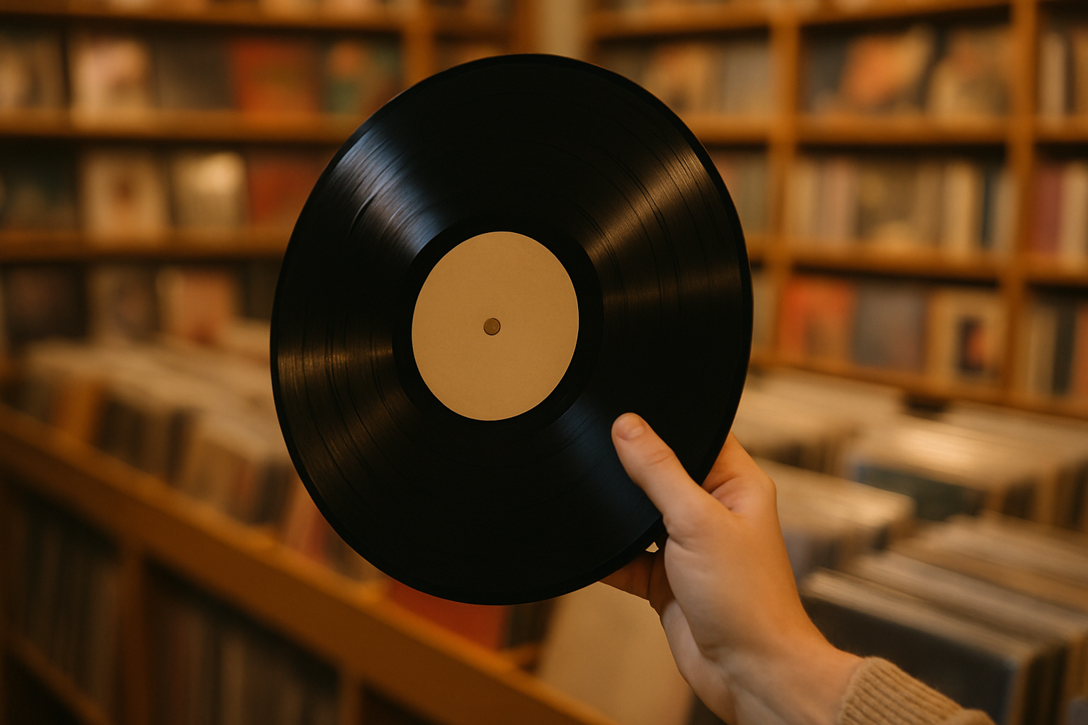 Mano sosteniendo un disco de vinilo en una tienda con estanterías desenfocadas