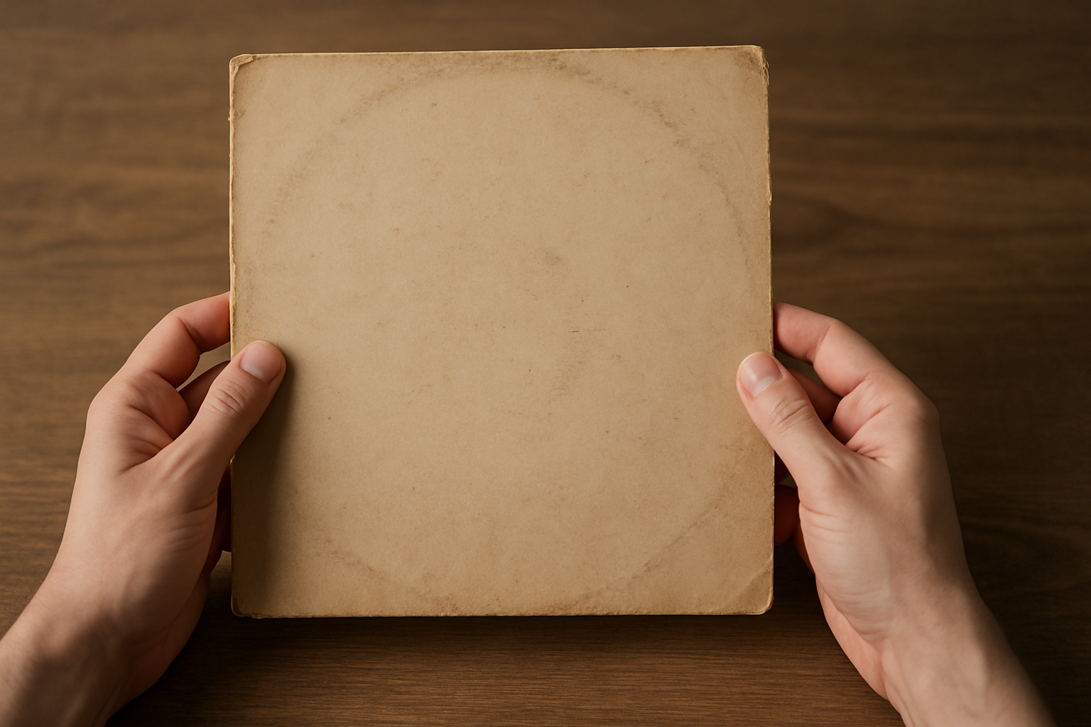 Manos sosteniendo una funda de cartón de vinilo con signos visibles de desgaste y marcas, sobre una mesa de madera